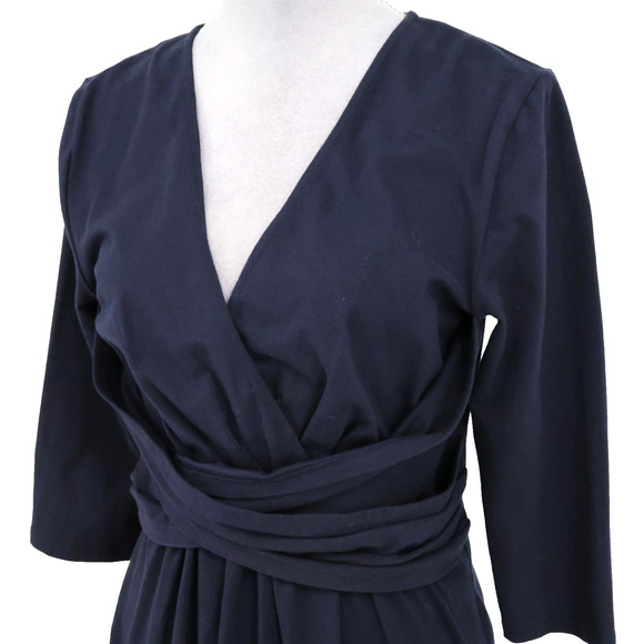 eShakti Dress Womens 12 Navy Blue Cotton Stretch Knit Zip Faux Wrap V Neck - Picture 8 of 12